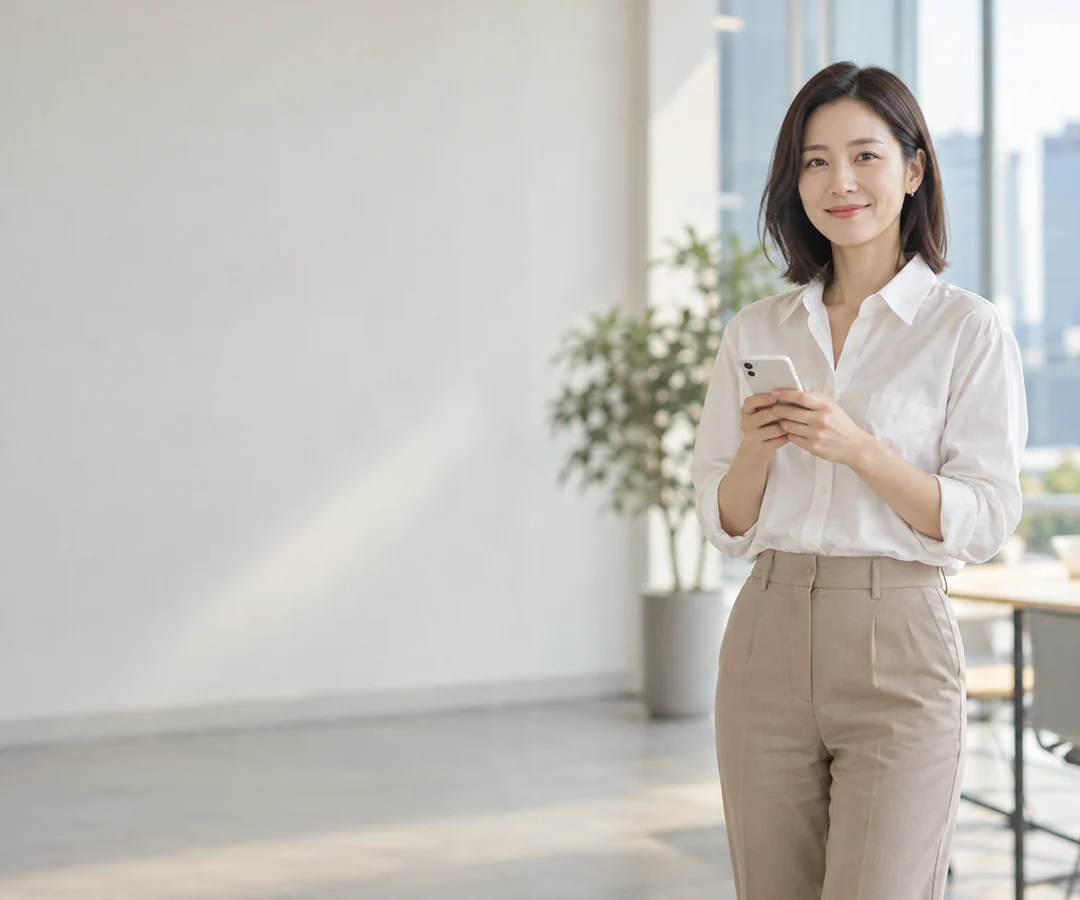 밝은 방에서 휴대전화로 편하게 상담 문자를 보내며 웃는 이십 대 직장인 여성